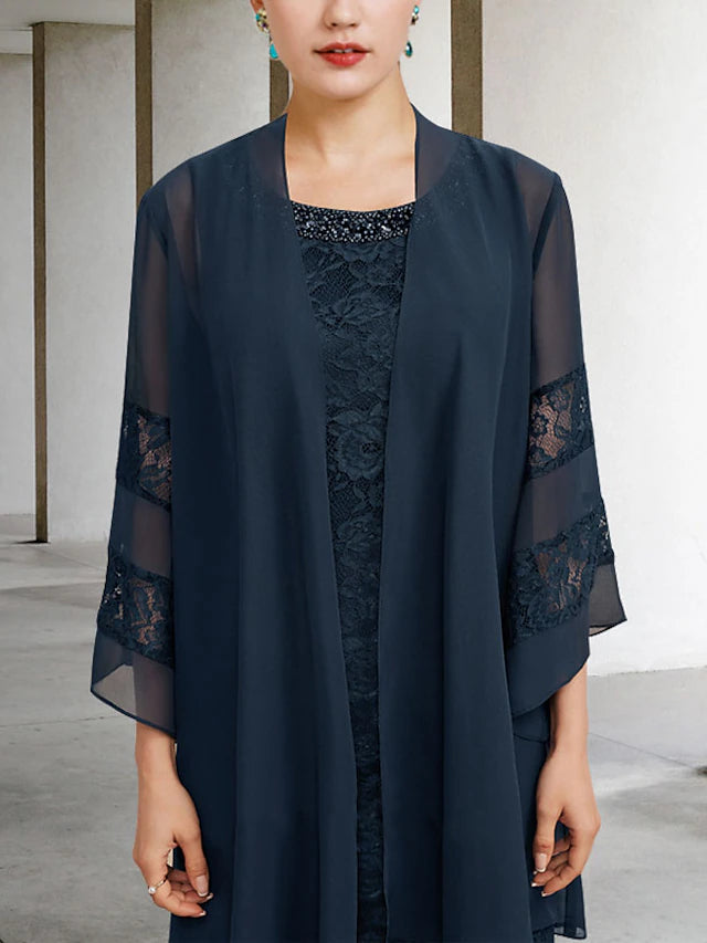 Two Piece Sheath / Column Mother of the Bride Dress Plus Size Elegant Jewel Neck Knee Length Chiffon Lace Sleeveless with Beading Appliques