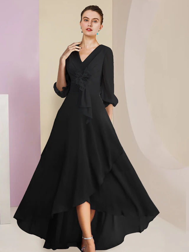 A-Line Mother of the Bride Dress Formal Wedding Guest Vintage Elegant V Neck Asymmetrical Ankle Length Chiffon 3/4 Length Sleeve with Flower