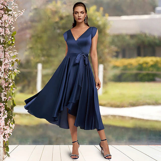 A-Line Mother of the Bride Dress Elegant Sexy High Low V Neck Asymmetrical Tea Length Charmeuse Cap Sleeve with Bow(s) Pleats