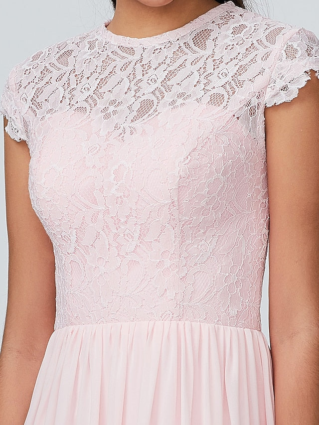 A-Linie Brautjungfernkleid mit Rundhalsausschnitt, ärmellos, elegant, bodenlang, Chiffon mit Spitze, 2022 / Sparkle &amp; Shine