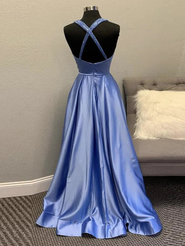 A Line V Neck Backless Long Prom Dresses