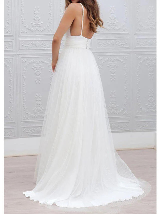 A-Line Spaghetti Strap Taffeta Tulle Chiffon Long Wedding Dresses