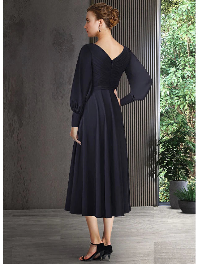 A-Line Mother of the Bride Dress Elegant V Neck Tea Length Chiffon Short Sleeve Long Sleeve with Pleats Ruching