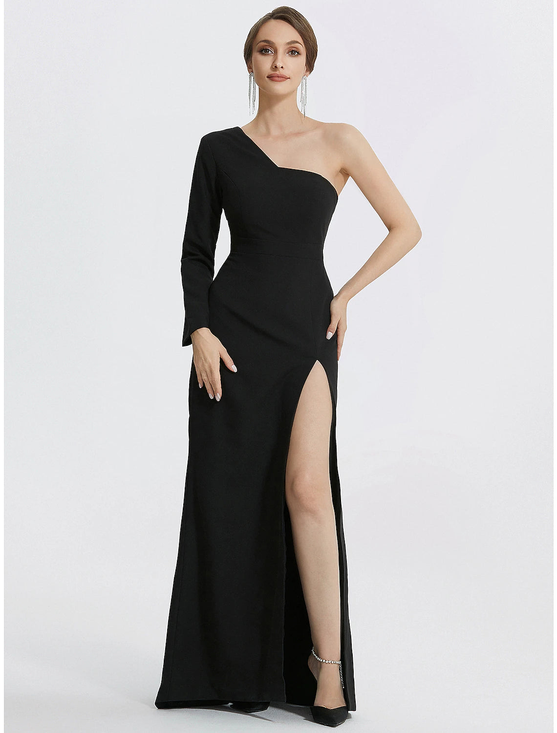 Mermaid Evening Gown Elegant Black Dress Wedding Guest Prom Floor Length Long Sleeve One Shoulder Stretch Fabric with Slit