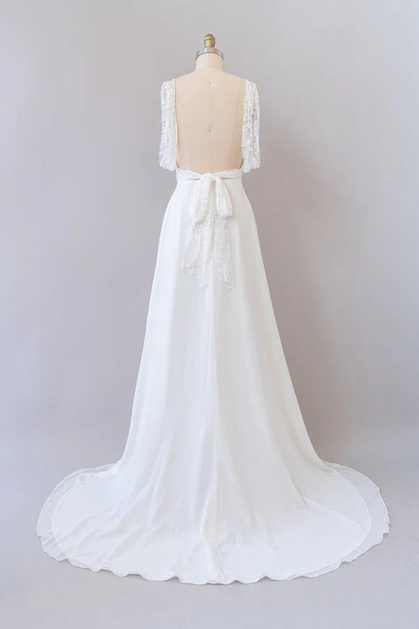 A-line Empire V-neck Lace Chiffon Open Back Long Wedding Dress
