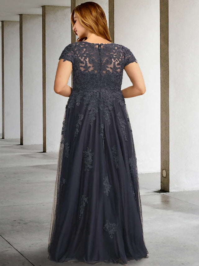 A-Line Plus Size Curve Mother of the Bride Dresses Elegant Dress Formal Floor Length Short Sleeve Jewel Neck Lace with Pleats Appliques