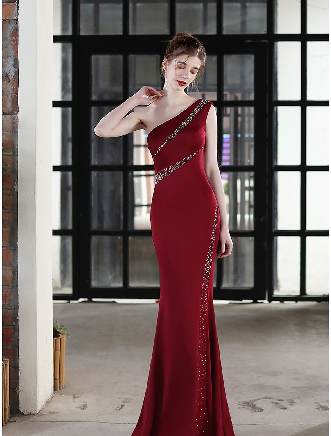 Mermaid / Trumpet Evening Gown Sexy Dress Wedding Guest Floor Length Sleeveless One Shoulder Stretch Satin with Crystals