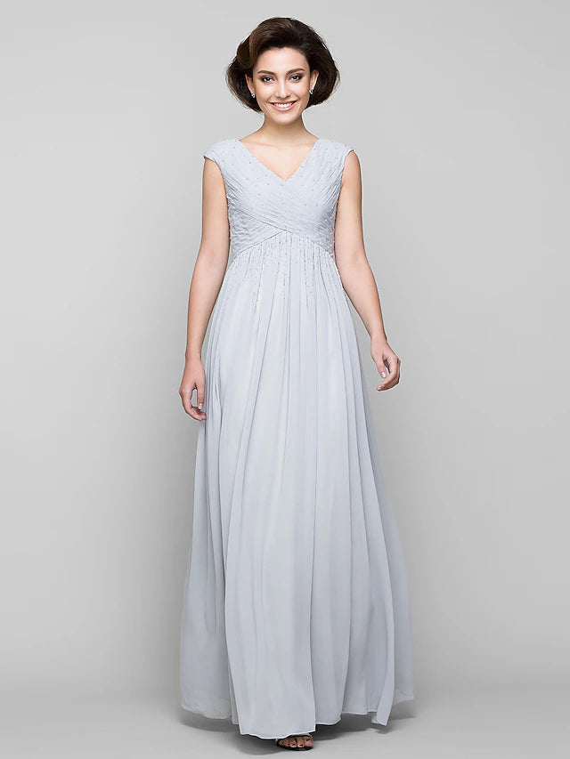 A-Line Mother of the Bride Dress Elegant V Neck Floor Length Chiffon Sleeveless with Criss Cross Beading