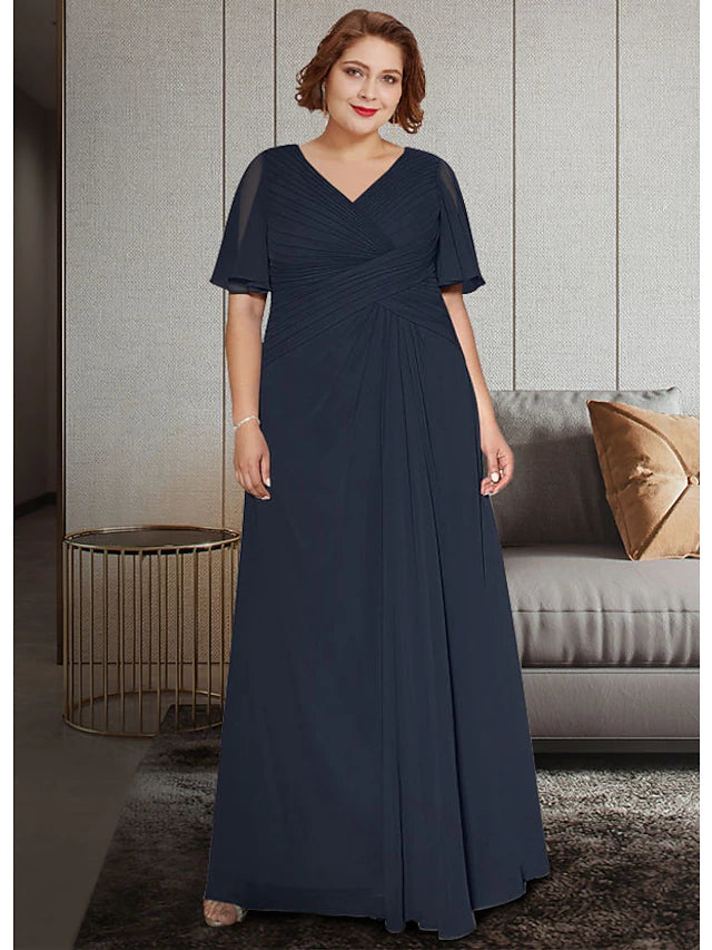 A-Line Mother of the Bride Dress Plus Size Elegant V Neck Ankle Length Chiffon Half Sleeve with Pleats Ruching