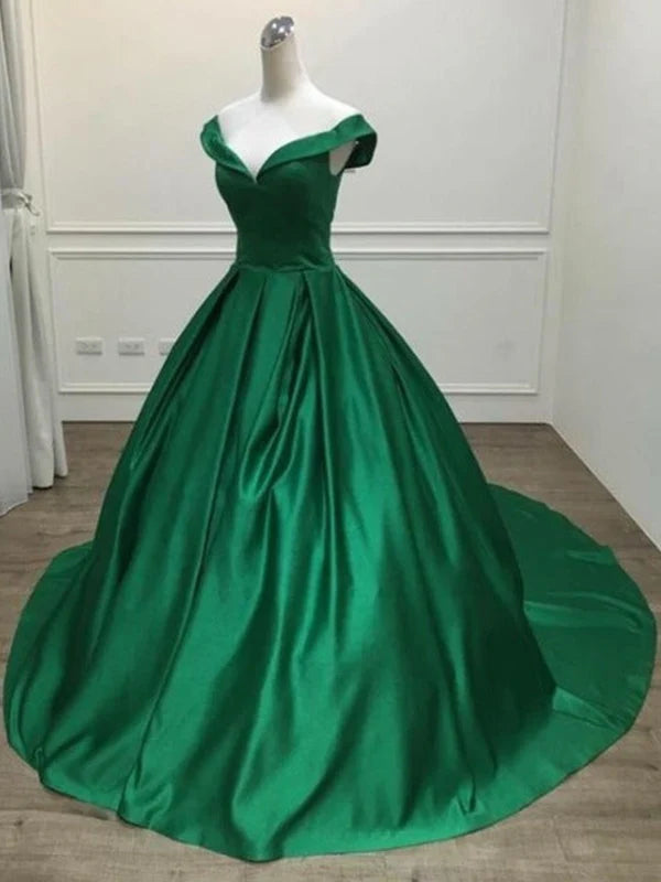 Off Shoulder Satin Long Train Prom Dresses