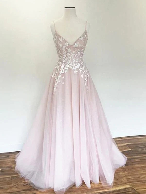 A Line V Neck Lace Long Prom Dresses