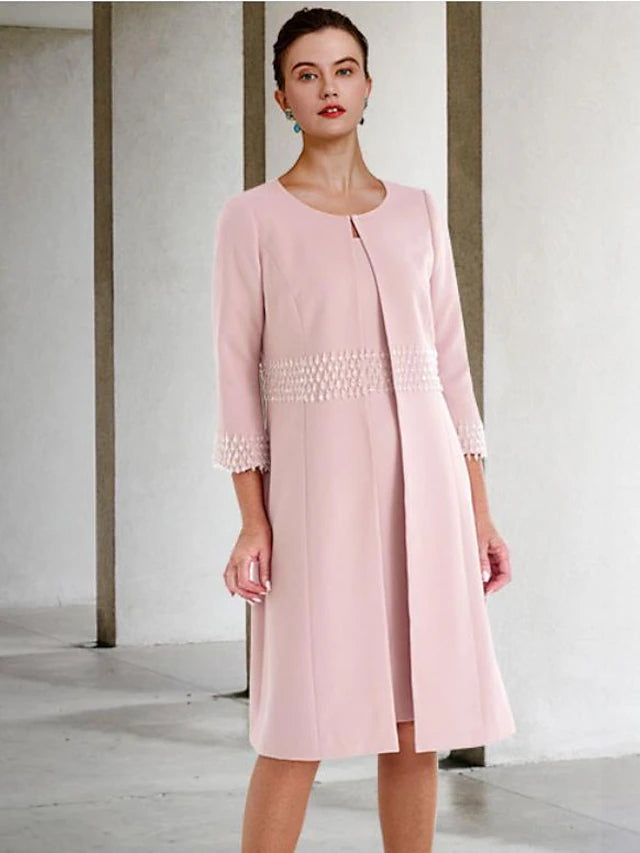 Two Piece Sheath / Column Mother of the Bride Dress Church Elegant Jewel Neck Knee Length Stretch Fabric Short Sleeve Jacket Dresses with Beading