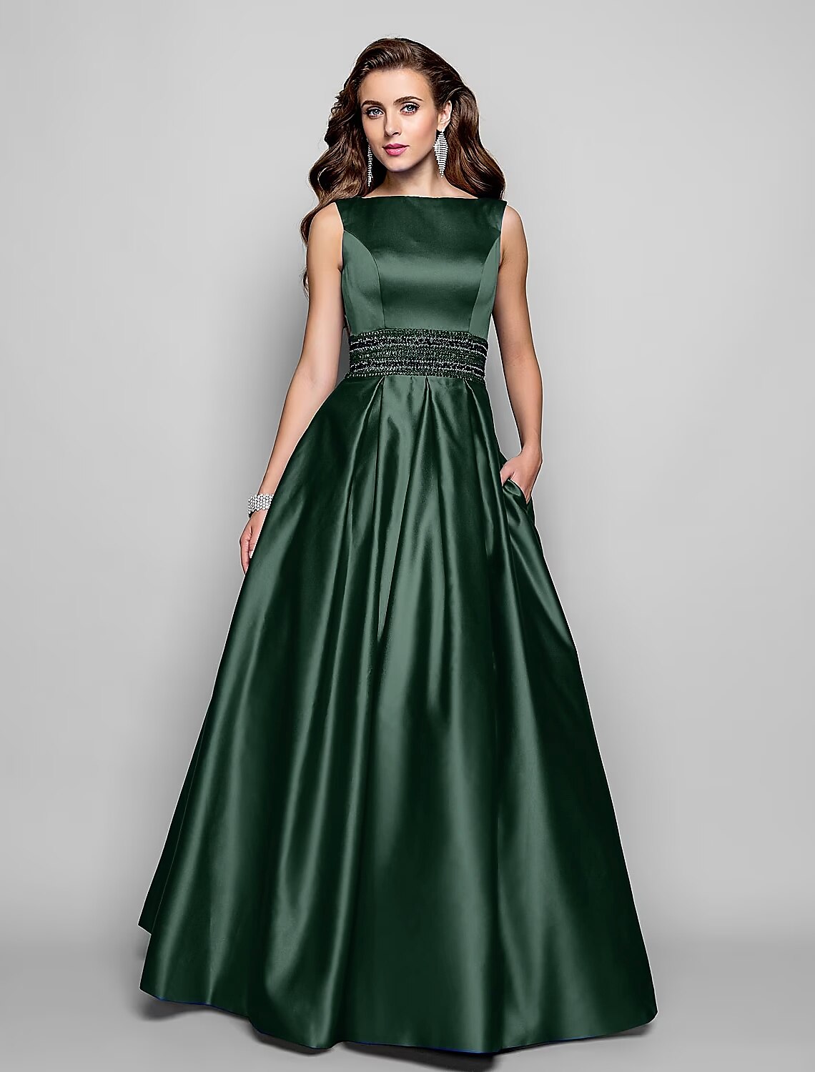 A-Line Elegant Dress Wedding Guest Prom Floor Length Sleeveless Boat Neck Pocket Satin with Pleats Beading