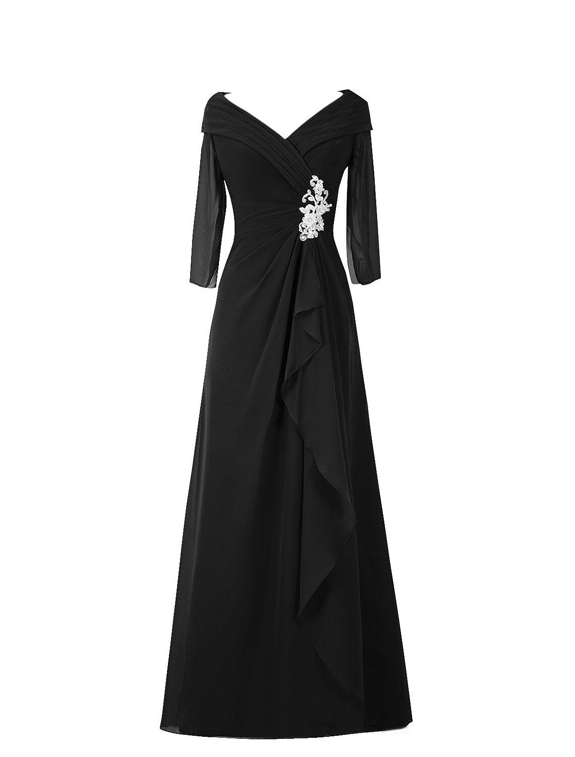 A-Line Minimalist Elegant Wedding Guest Formal Evening Dress V Neck Half Sleeve Floor Length Chiffon with Draping Appliques