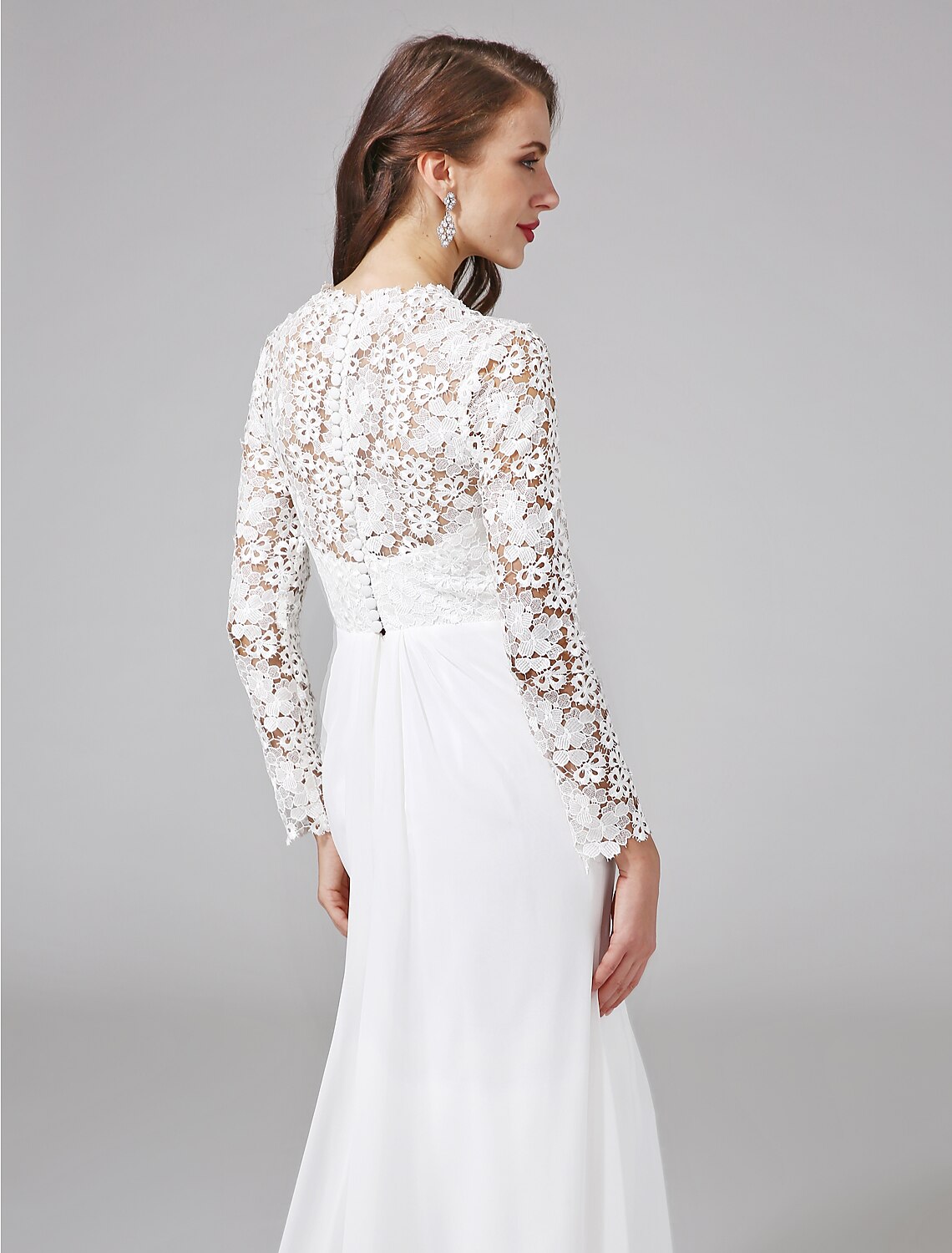 Beach Royal Style Boho Wedding Dresses Sweep / Brush Train Sheath / Column Long Sleeve Illusion Neck Chiffon With Lace Button