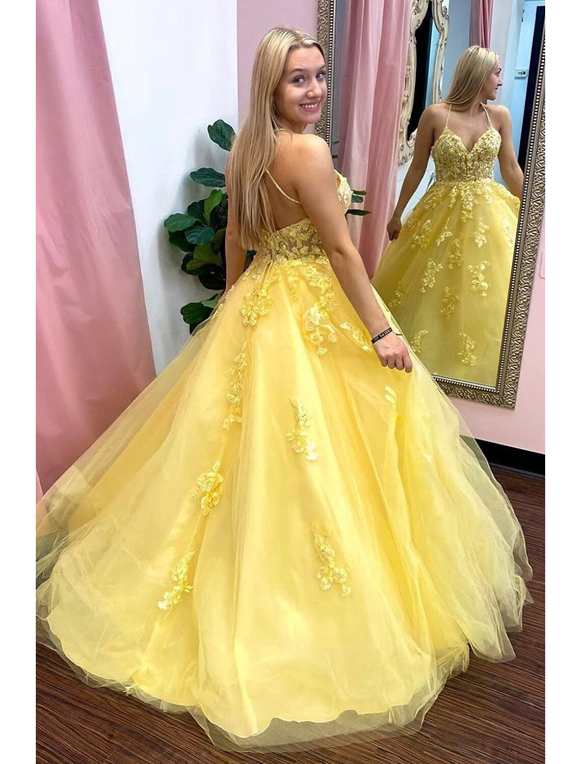 Ball Gown Prom Dresses Princess Dress Formal Floor Length Sleeveless V Neck Tulle Backless with Pleats Appliques