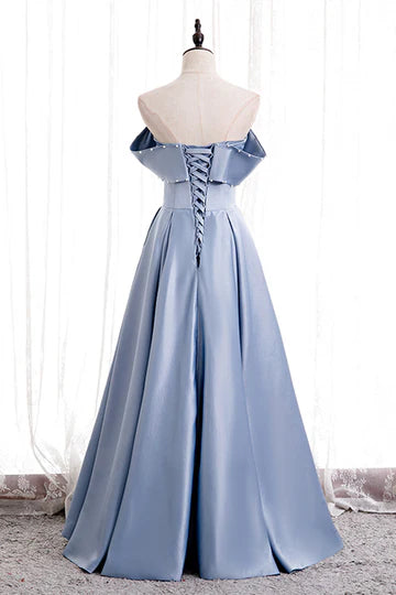 A-line Folded Strapless Satin Lace-Up Pearl Beaded Maxi Formal Dress