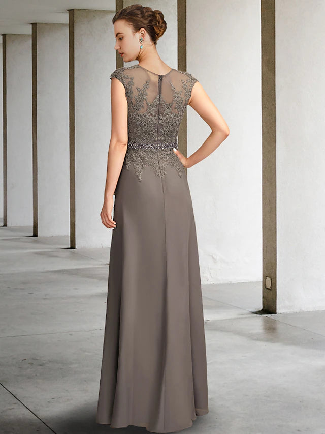 A-Line Mother of the Bride Dress Elegant V Neck Floor Length Chiffon Lace Cap Sleeve with Sash / Ribbon Appliques