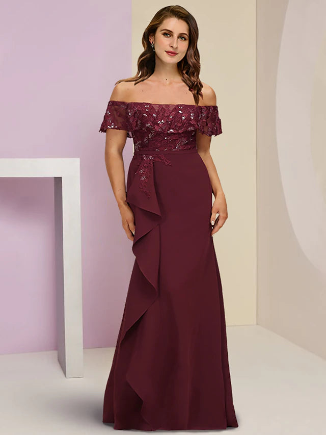 Plus Size Curve Mother of the Bride Dress Wedding Guest Party Elegant Off Shoulder Floor Length Chiffon Lace Short Sleeve with Sequin Ruffles