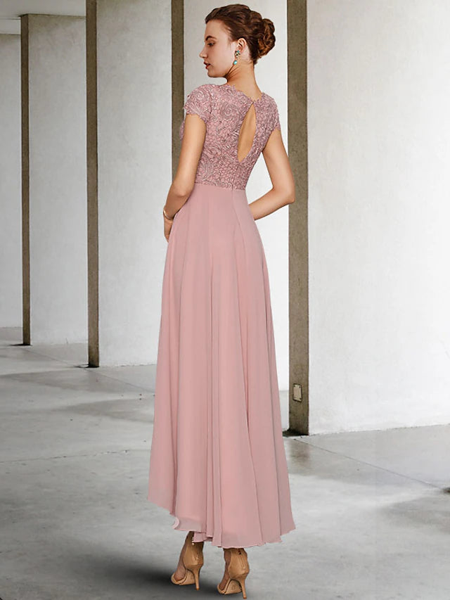 A-Line Mother of the Bride Dress Elegant High Low Jewel Neck Asymmetrical Tea Length Chiffon Lace Cap Sleeve with Appliques Ruching
