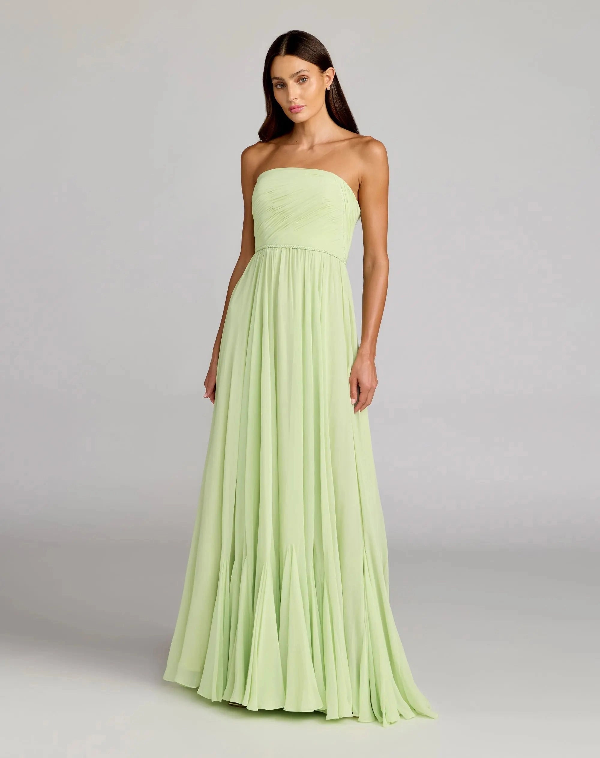 Strapless ruched chiffon flowy prom gown
