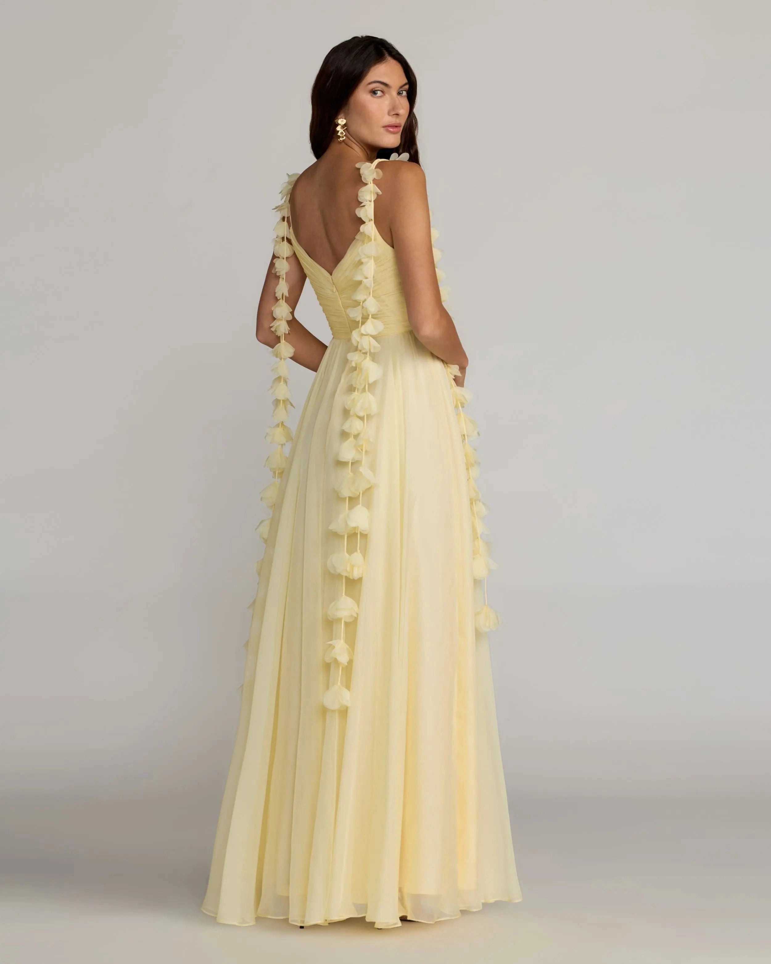 V neck 3D floral strap chiffon a line pale yellow prom gown