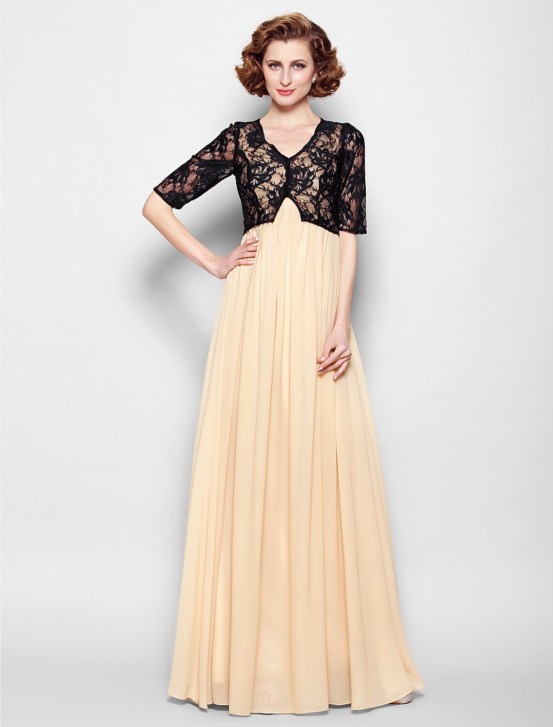 A-Line Mother of the Bride Dress Wrap Included V Neck Floor Length Chiffon Lace Half Sleeve yes with Lace