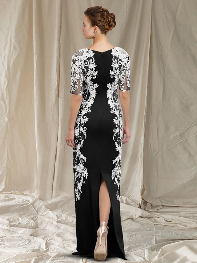 Sheath / Column Mother of the Bride Dress Elegant V Neck Floor Length Chiffon Lace Half Sleeve with Appliques