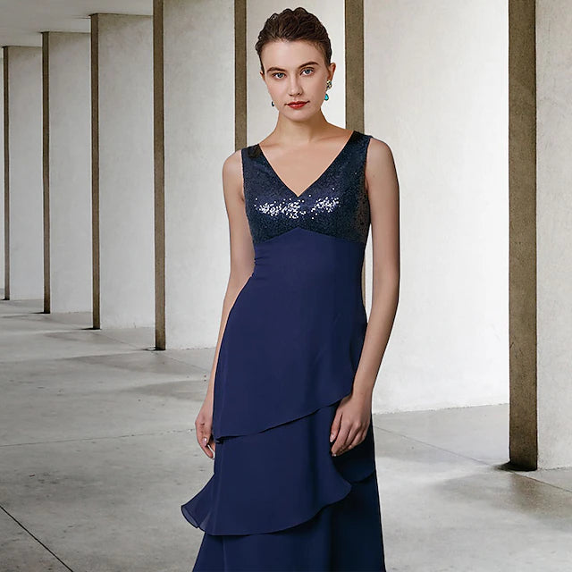 A-Line Mother of the Bride Dress Elegant V Neck Floor Length Chiffon Sequined Sleeveless Wrap Included with Sequin Ruffles