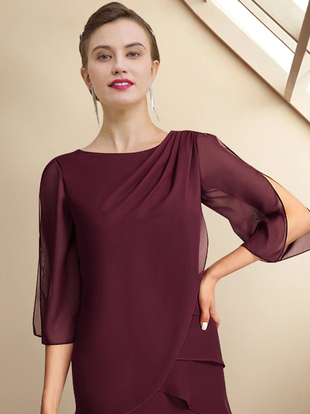 A-Line Mother of the Bride Dress Plus Size Elegant Jewel Neck Ankle Length Chiffon Half Sleeve with Ruffles Side-Draped