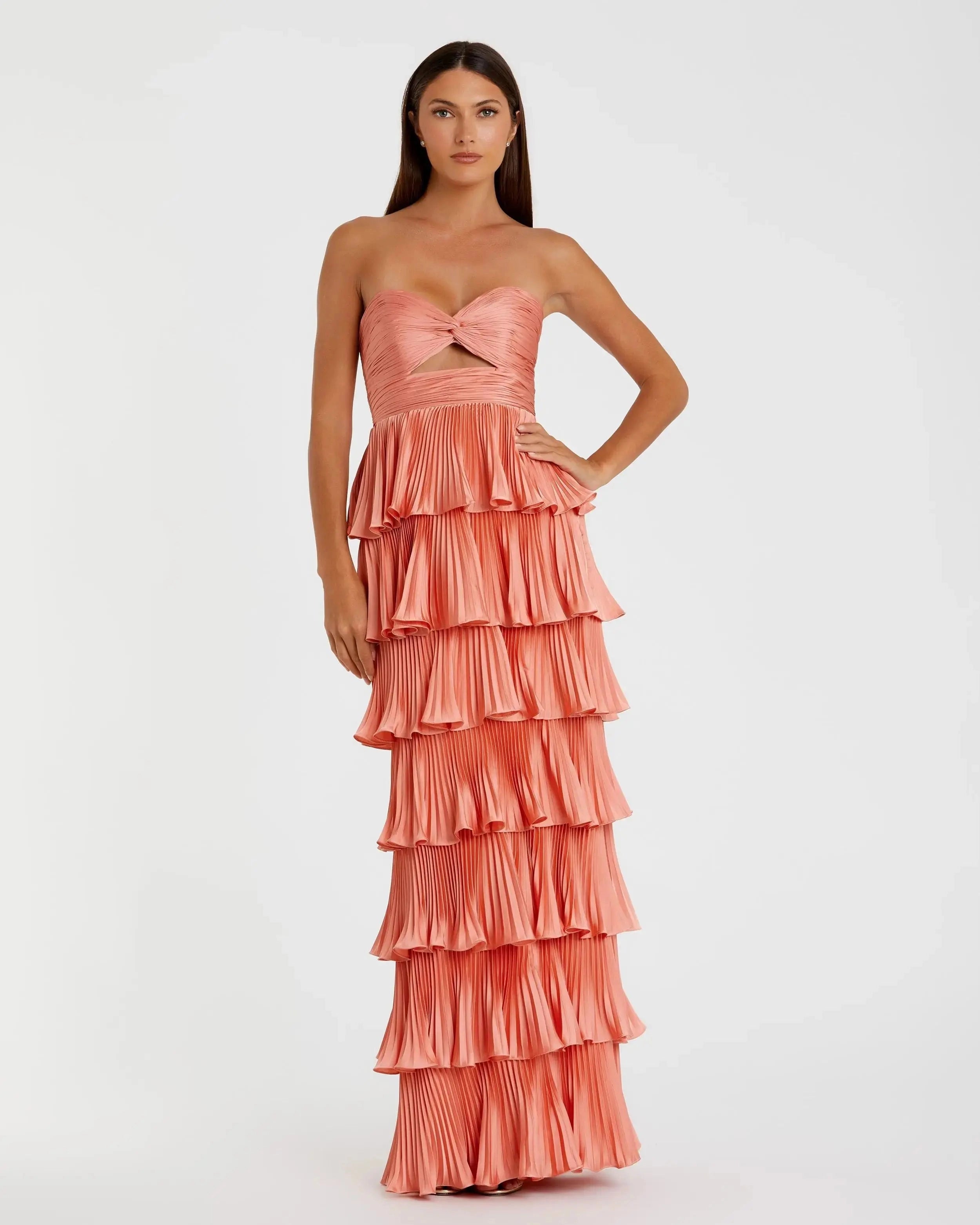 Flowy a-line strapless sweetheart zipback floor-length prom gown