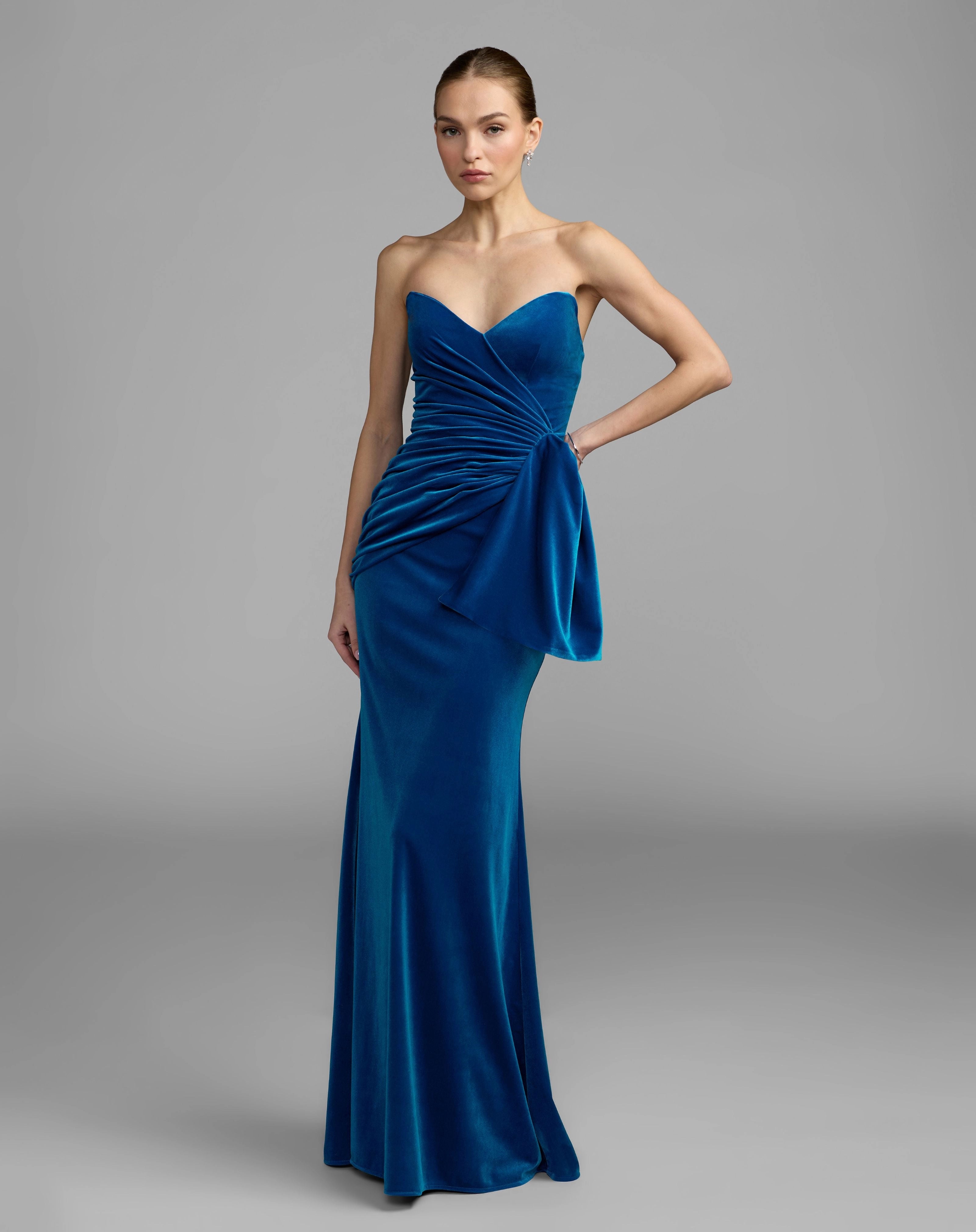 Peacock Blue Strapless Sweetheart Velvet Mermaid Evening Gown With Side Bow