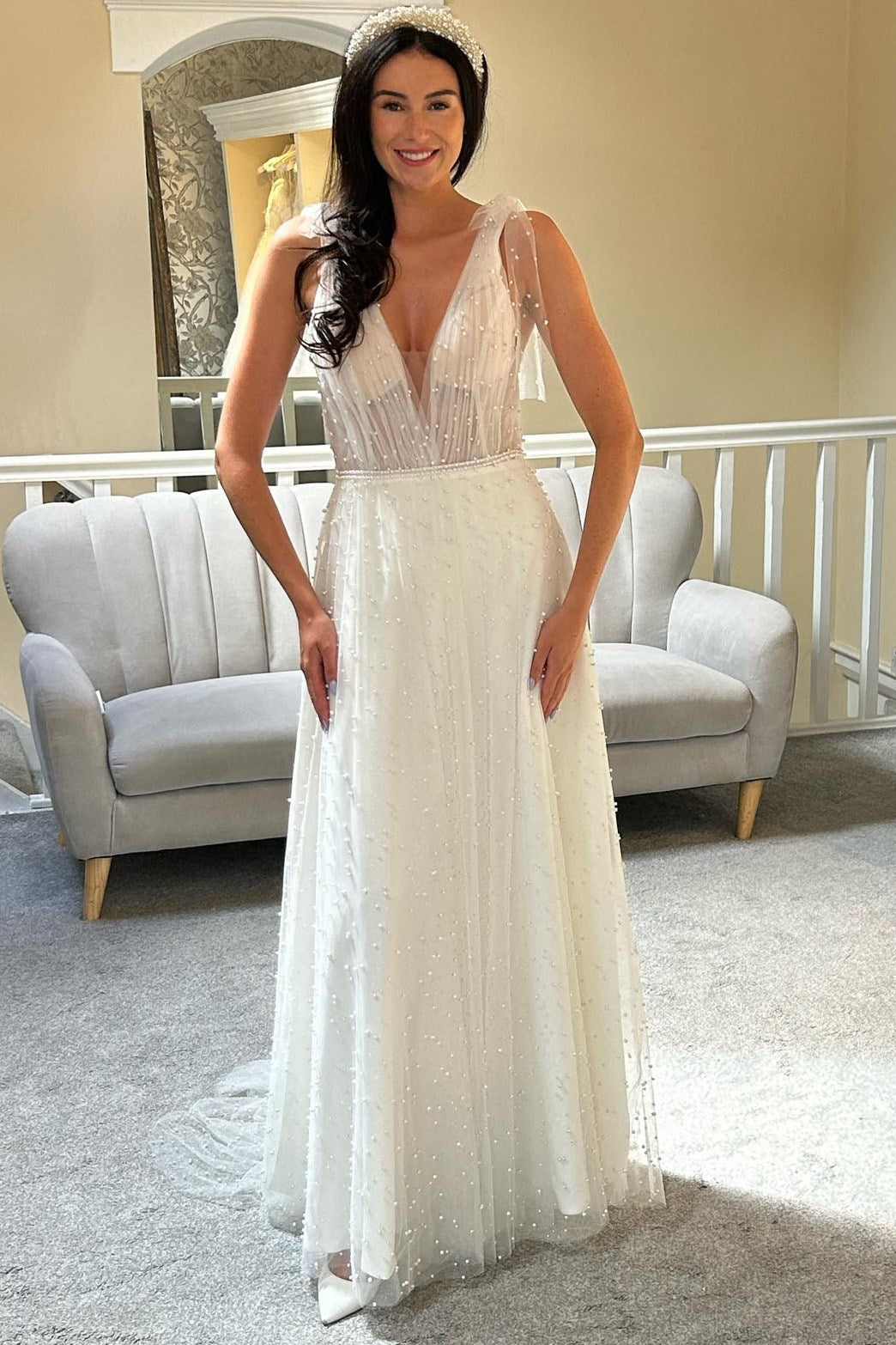 Beaded A Line V Neck Bow Strap Deep Back Train Wedding Dress