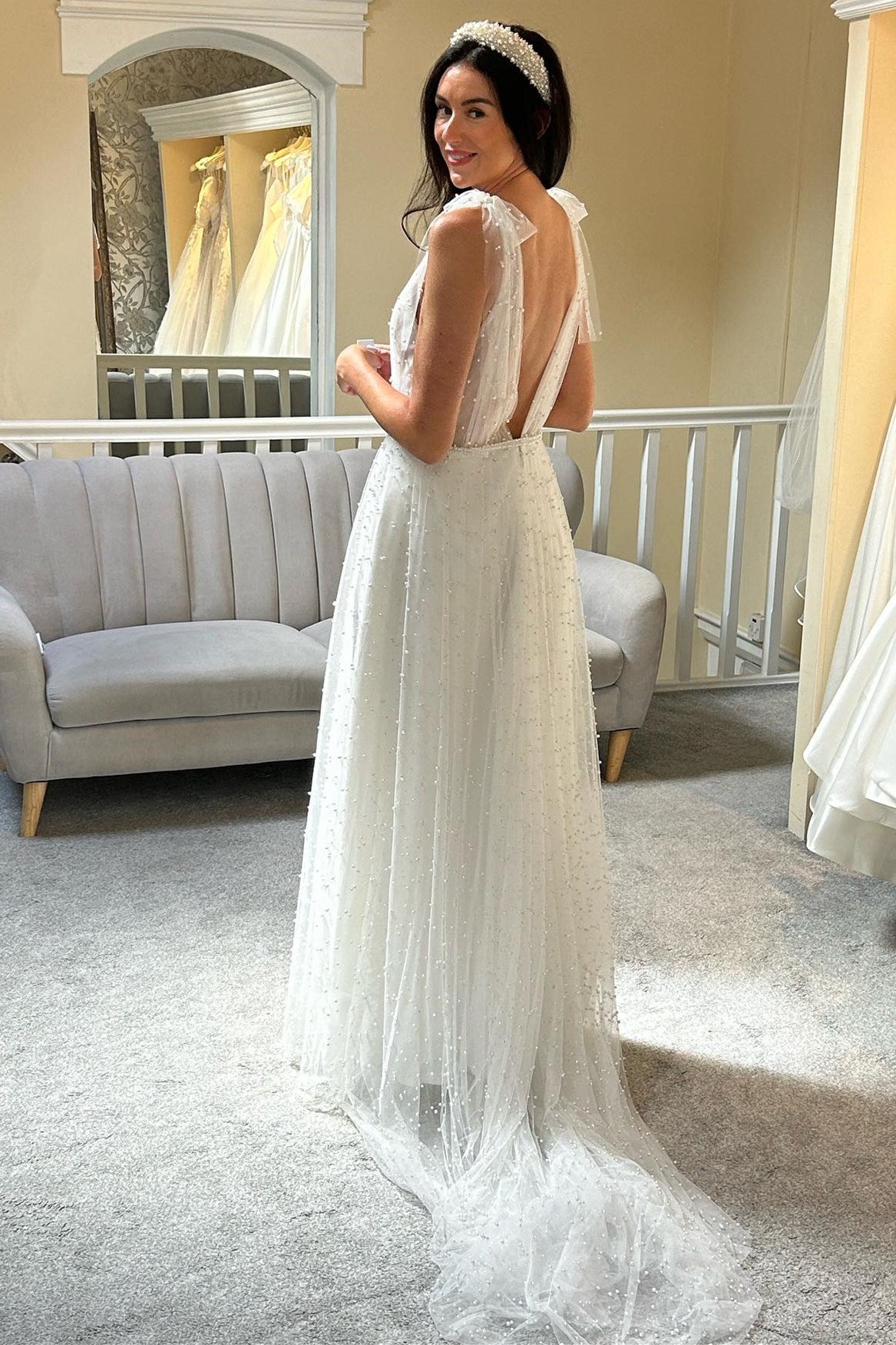 Beaded A Line V Neck Bow Strap Deep Back Train Wedding Dress