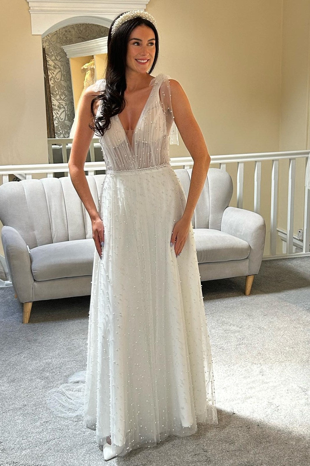Beaded A Line V Neck Bow Strap Deep Back Train Wedding Dress