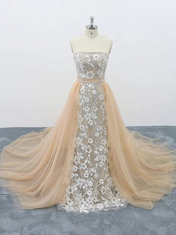 Strapless Lace Long Prom Dresses with Train