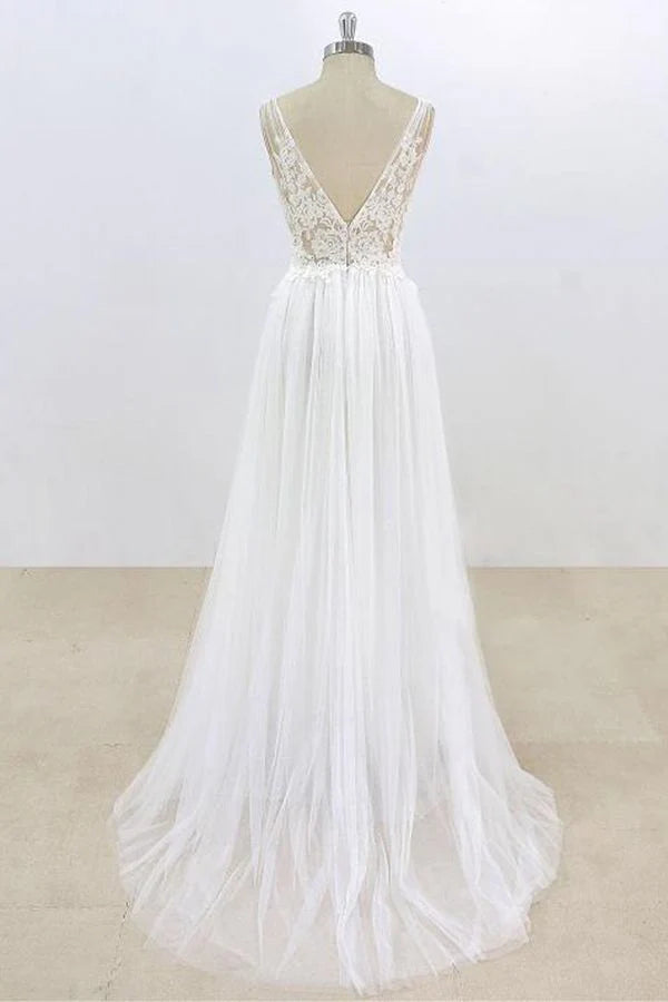 A-line V-neck Lace Tulle Open Back Long Wedding Dress