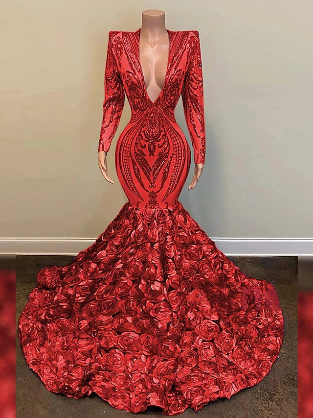 Mermaid / Trumpet Sparkle Evening Dress Sexy Engagement Formal Floral Wedding Dress V Neck Long Sleeve Chapel Train Sequined African