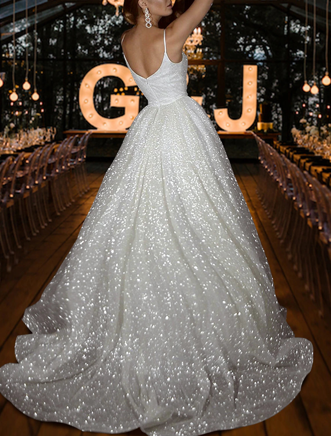 Hall Sparkle & Shine Casual Wedding Dresses A-Line Camisole V Neck Spaghetti Strap Sweep / Brush Train Sequined Bridal Gowns With Solid Color