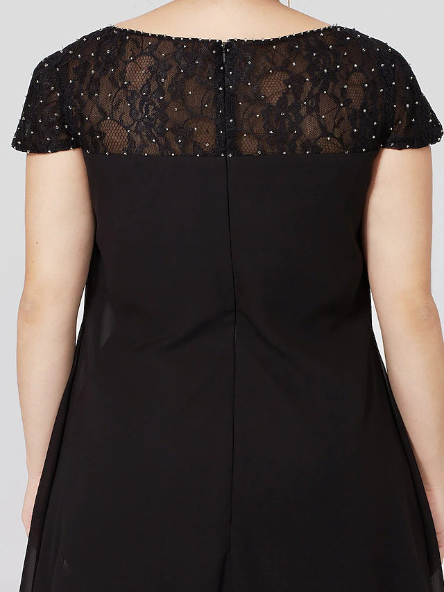Sheath / Column Mother of the Bride Dress Formal Little Black Dress Plus Size See Through Jewel Neck Knee Length Chiffon Lace Short Sleeve No with Pleats Beading Lace Insert