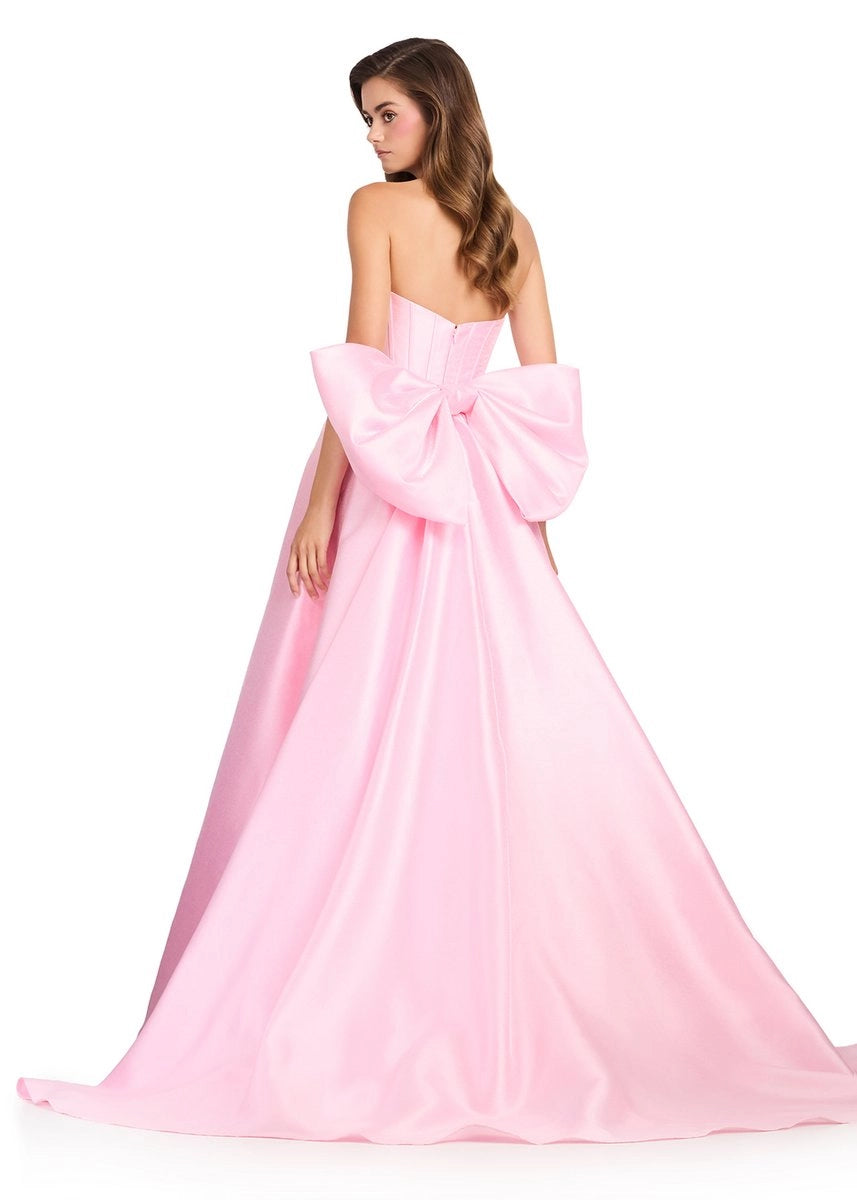 Strapless Sweetheart A Line Satin Pink Prom Dress With Big Back Bow
