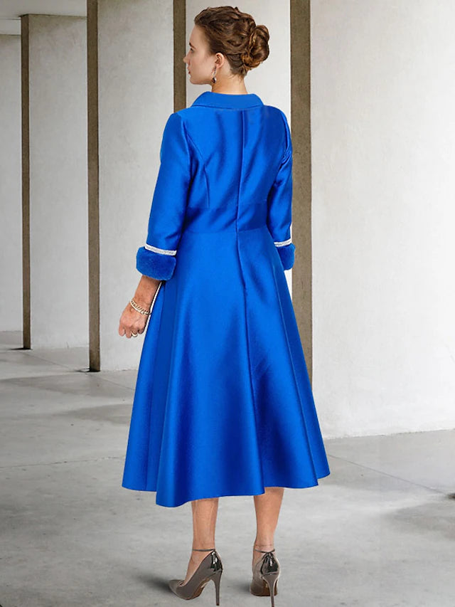 Two Piece A-Line Mother of the Bride Dress Elegant Jewel Neck Tea Length Satin Half Sleeve Jacket Dresses with Bow(s) Pleats Crystals