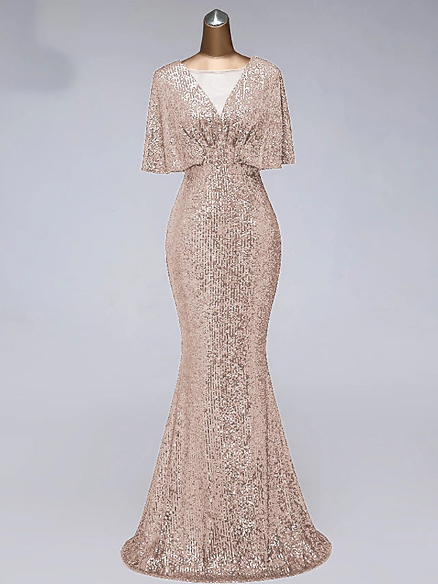 Meerjungfrau/Trompete Ballkleider Glitzerkleid Hochzeitsgast Bodenlang Halbarm Illusionsausschnitt Paillettenbesetzt mit Paillettenrüschen