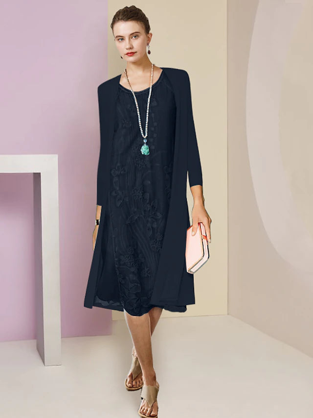 Two Piece Sheath / Column Mother of the Bride Dress Formal Wedding Guest Elegant Scoop Neck Knee Length Chiffon Lace Half Sleeve Jacket Dresses with Appliques