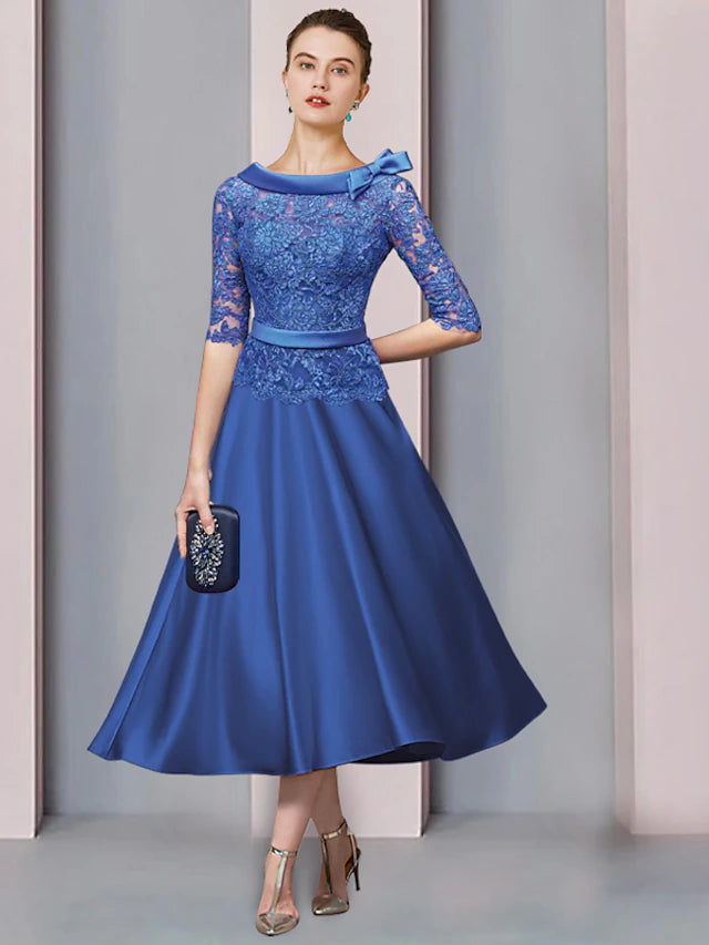 A-Line Mother of the Bride Dress Formal Church Party Elegant Jewel Neck Tea Length Satin Lace Half Sleeve with Sash / Ribbon Bow(s)