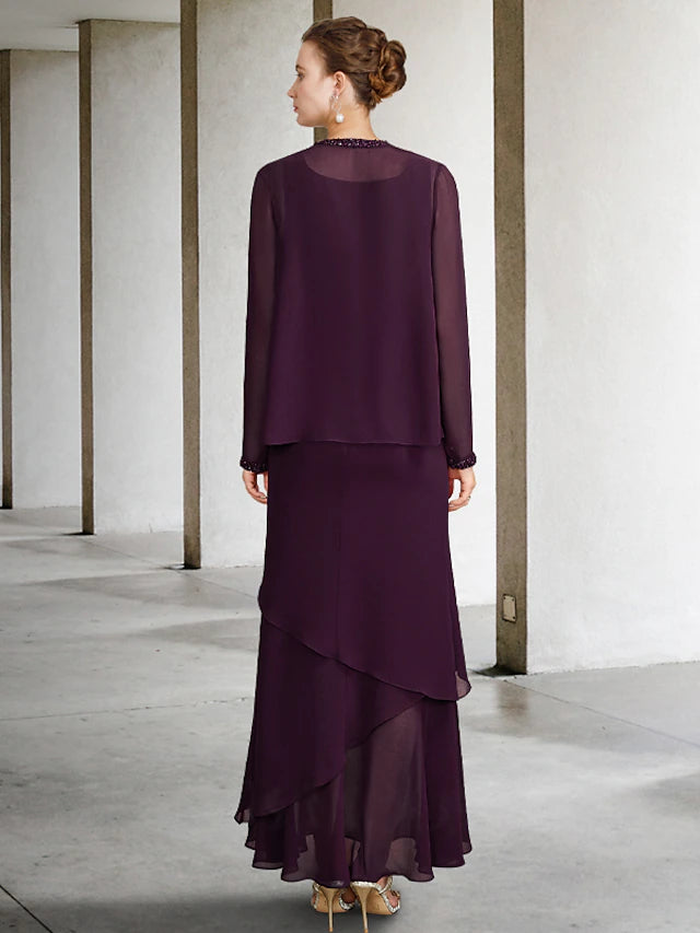 Two Piece A-Line Mother of the Bride Dress Plus Size Elegant Square Neck Ankle Length Chiffon Sleeveless Wrap Included Jacket Dresses with Pearls Beading Tier