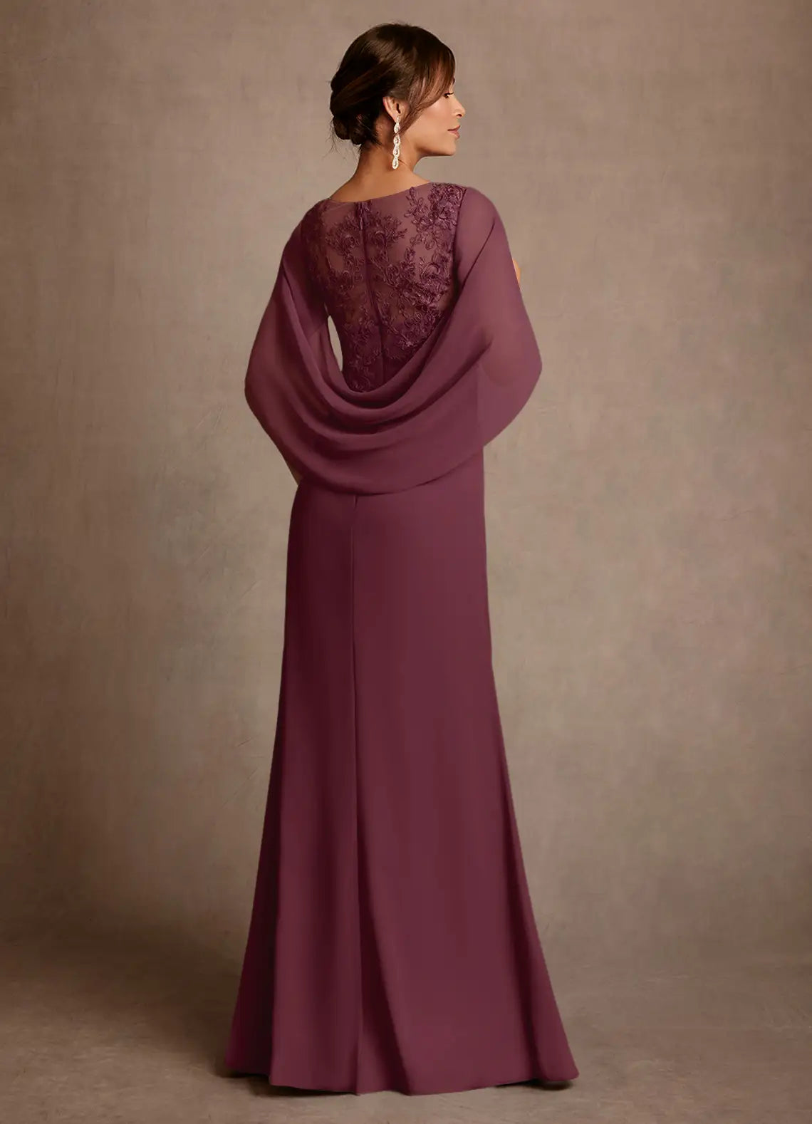 Plum Chiffon Sheath V Neck Cape Sleeve Illusion Lace Back Floor Mother of the Bride Dress
