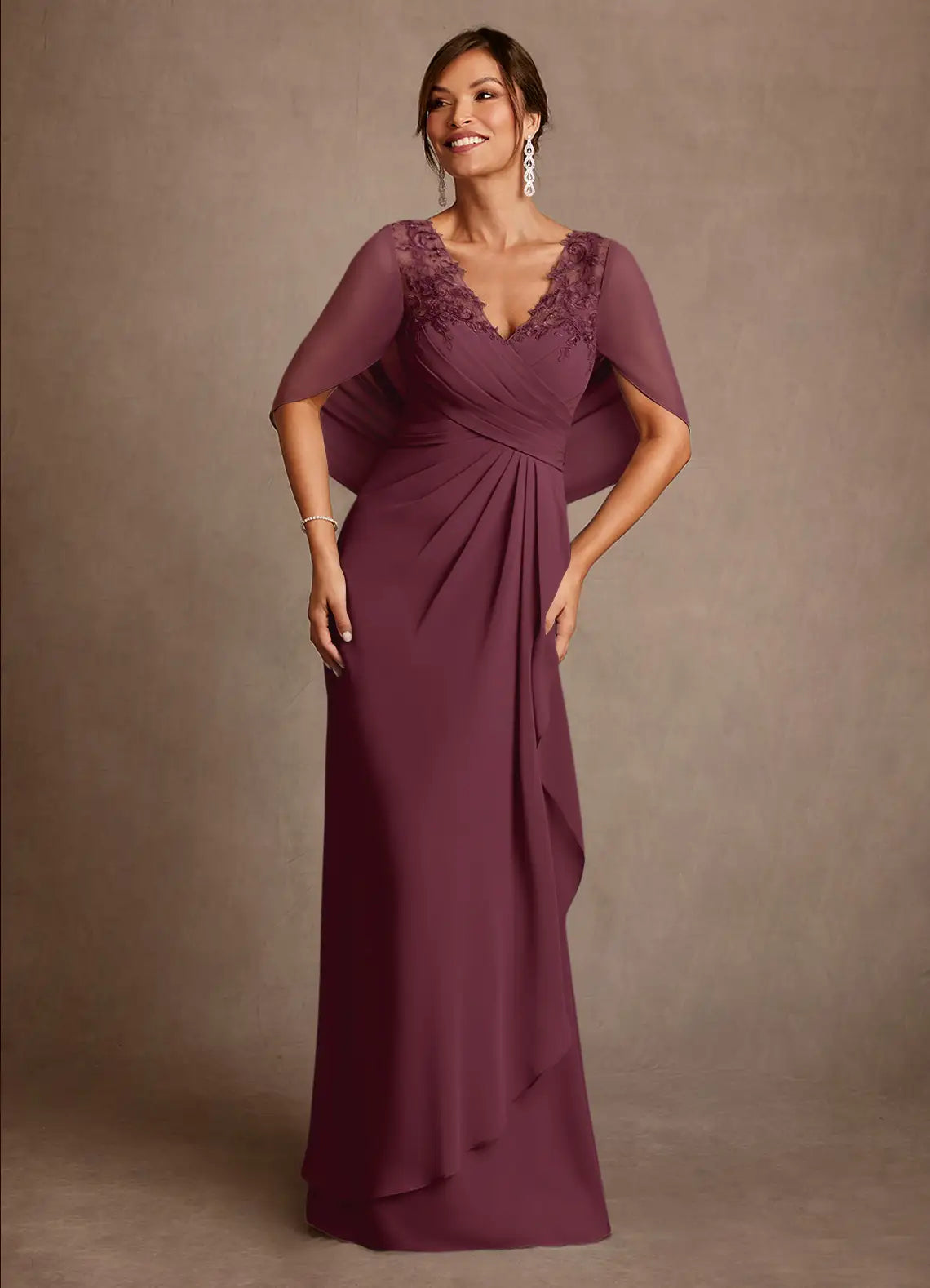 Plum Chiffon Sheath V Neck Cape Sleeve Illusion Lace Back Floor Mother of the Bride Dress