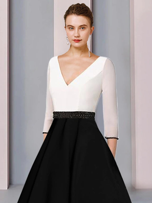A-Line Mother of the Bride Dress Wedding Guest Elegant V Neck Tea Length Chiffon Satin Short Sleeve with Sash / Ribbon Color Block