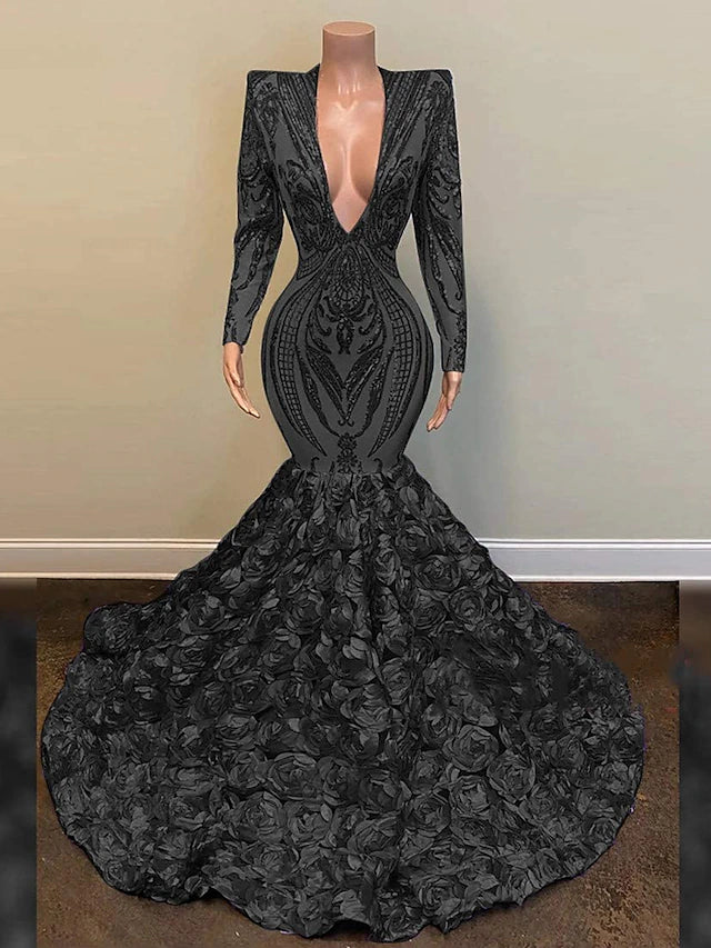 Mermaid / Trumpet Sparkle Evening Dress Sexy Engagement Formal Floral Wedding Dress V Neck Long Sleeve Chapel Train Sequined African